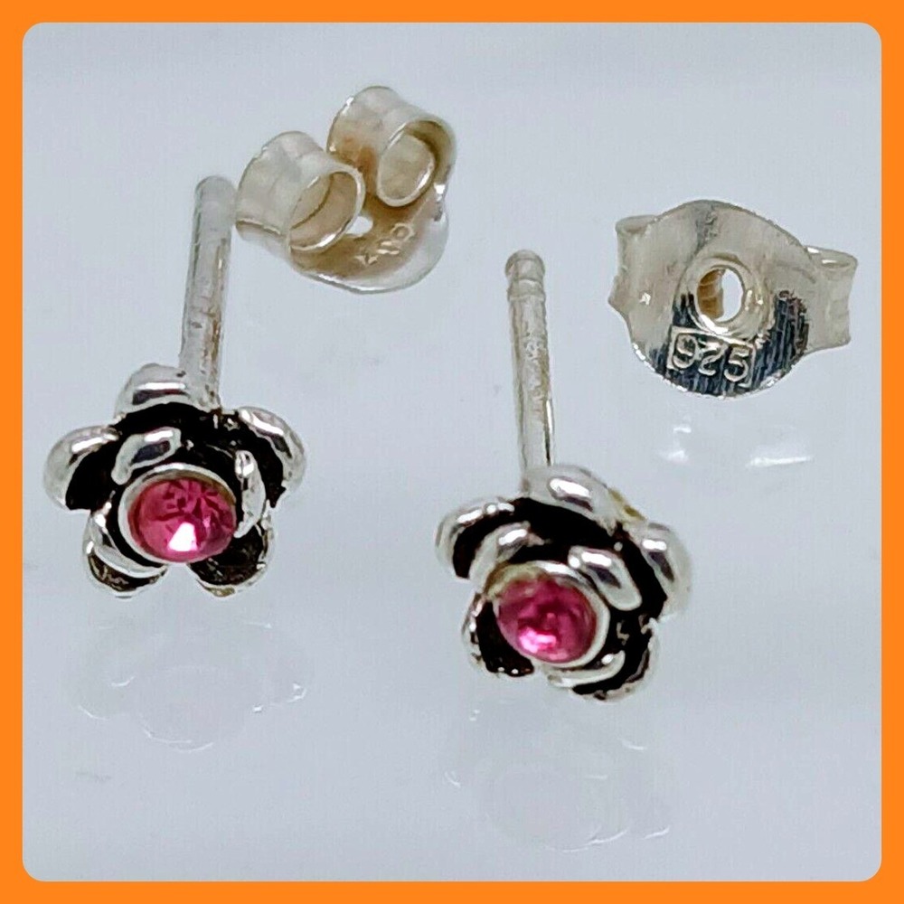 Vintage 925 Sterling Silver Pink Crystal Rose Flower Stud Earrings Floral